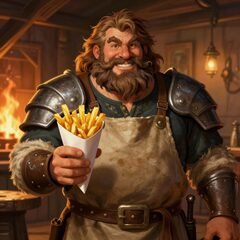 Léon, le patron du Snack Bar, avec un cornet de frites